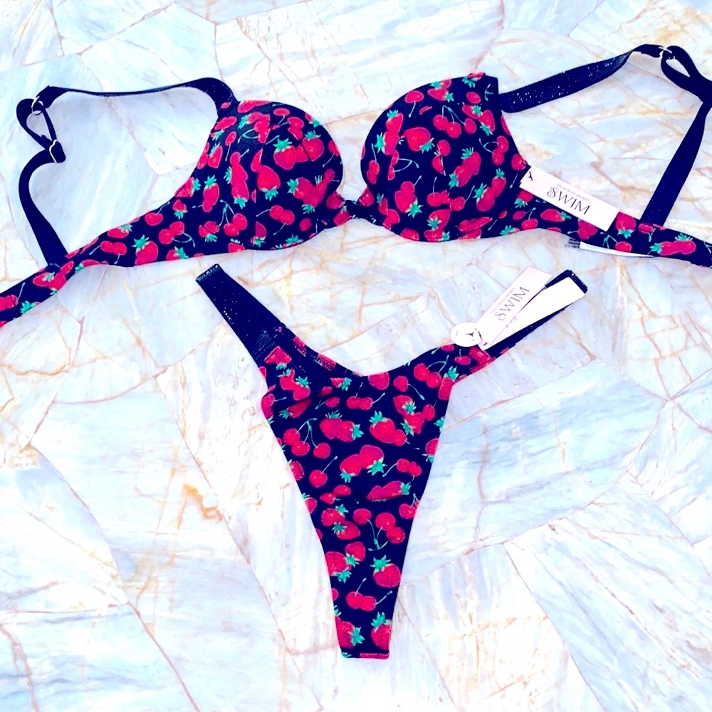 2 Pc Set Victoria's Secret 32B Sexy TEE BIKINI Small BOTTOM Shine Strap Pushup